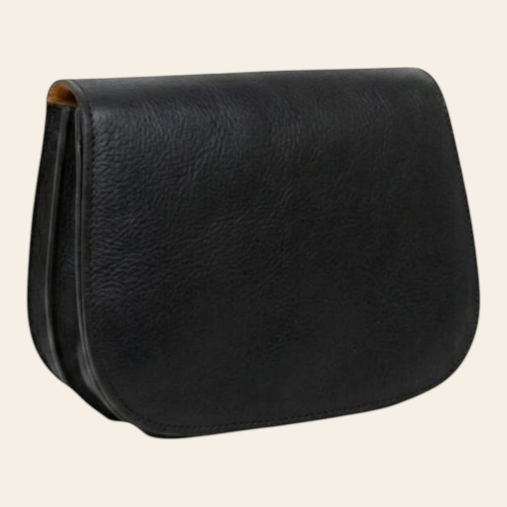 Borsa a tracolla in pelle nera con patta e bordo arrotondato
