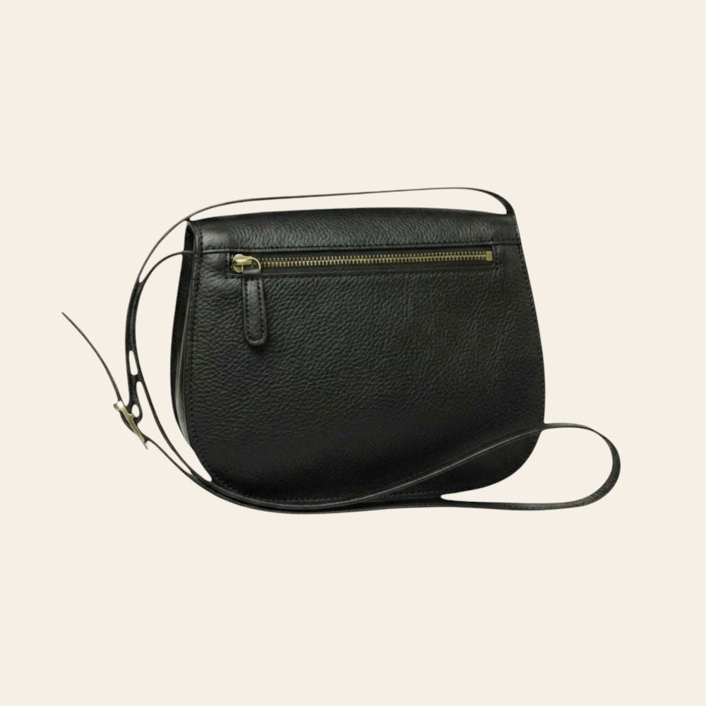 Borsa a tracolla in pelle nera con zip superiore e tracolla lunga