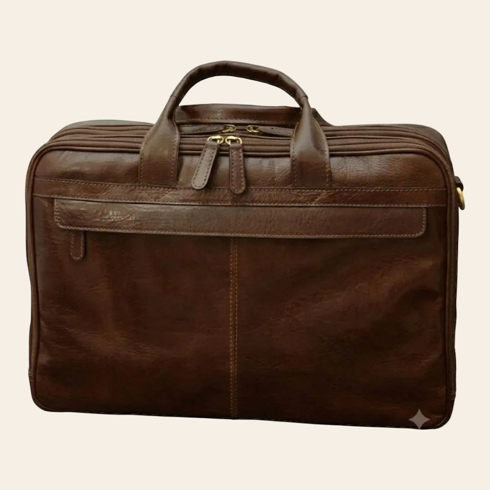 Borsa in pelle marrone testa di moro per laptop, manici e chiusura con zip