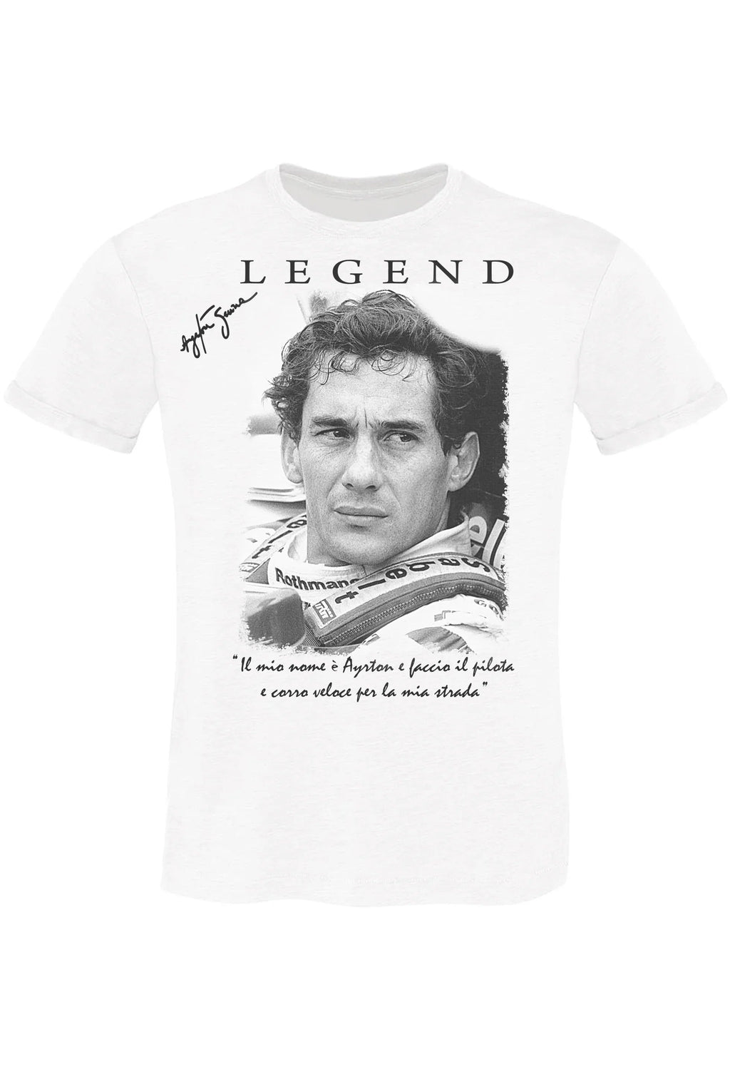 T-Shirt Ayrton Senna The Legend - Cotone Fiammato Uomo con design in bianco e citazione del campione.
