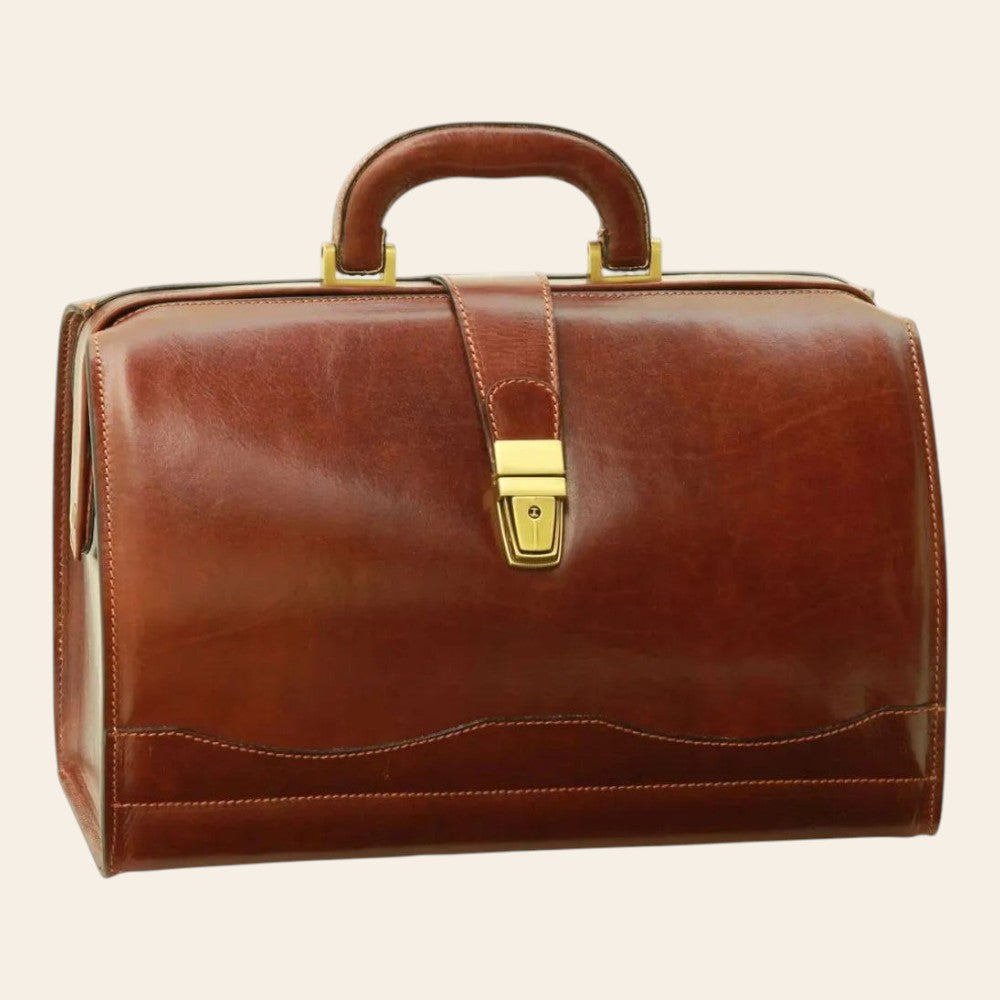 Borsa in pelle marrone con manici e chiusura centrale in metallo dorato