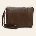 Borsa messenger in vitello marrone scuro con patta e tracolla in cuoio, cuciture verticali