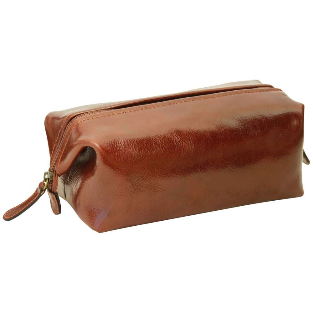 Astuccio per cosmetici in pelle marrone con zip frontale e occhiello laterale