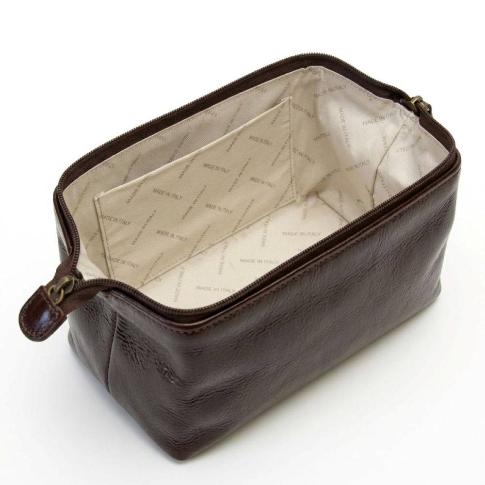 Astuccio per cosmetici in pelle marrone scuro, zip e fodera interna