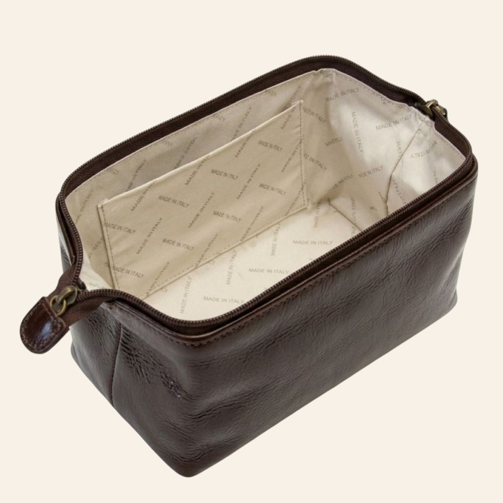 Astuccio per cosmetici in pelle marrone scuro, zip e fodera interna