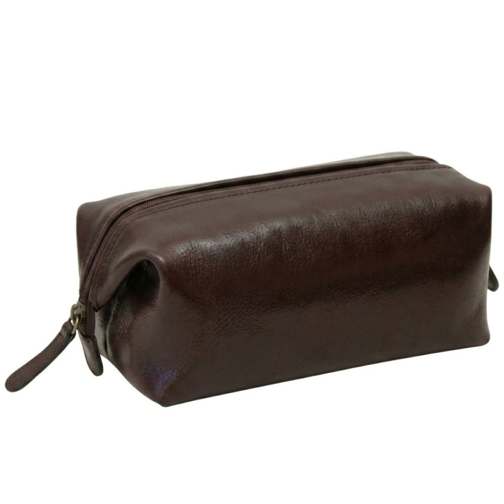 Astuccio per cosmetici in pelle marrone scuro, profilo arrotondato e zip
