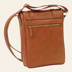 Borsa messenger in vitello marrone con tasca frontale a zip e tracolla lunga regolabile