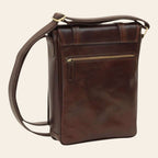 Borsa messenger marrone scuro con doppia chiusura, tasca frontale con zip e tracolla
