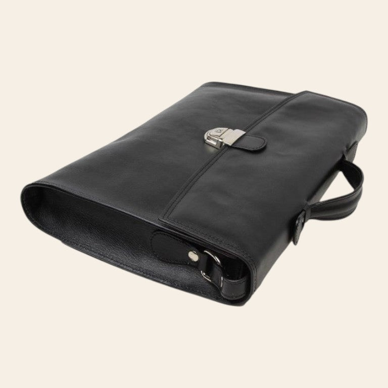 Borsa da ufficio in pelle nera con fibbia frontale e tracolla