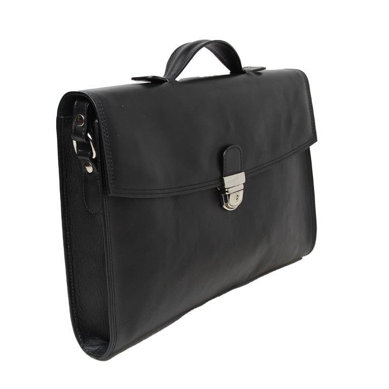 Borsa da ufficio in pelle nera con patta e fibbia metallica