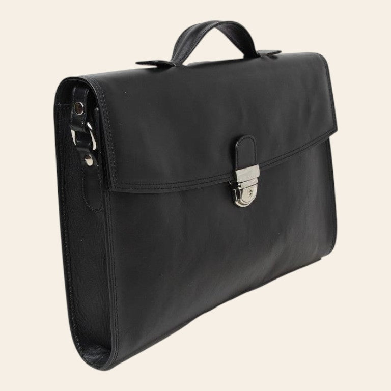 Borsa da ufficio in pelle nera con patta e fibbia metallica