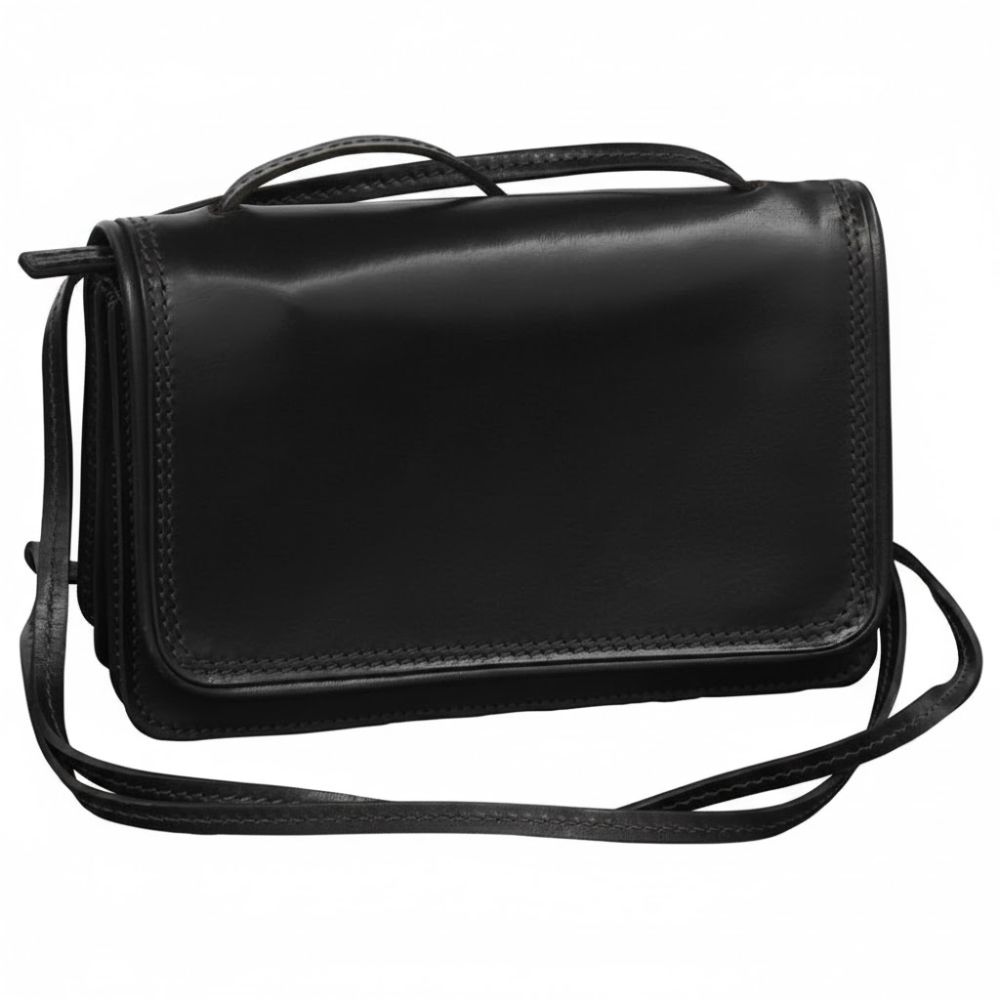 Tracollina in pelle nera Old Angler con patta e tracolla