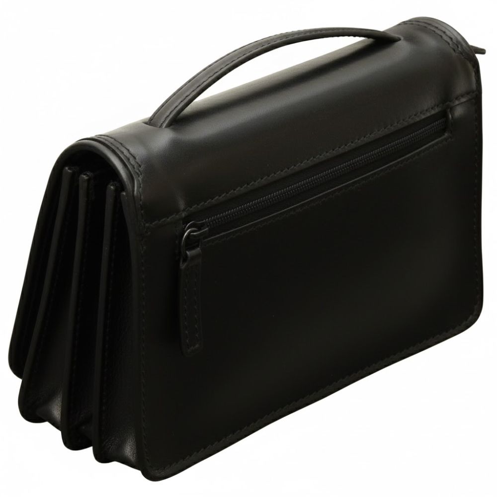 Tracollina in pelle nera Old Angler con zip e tracolla