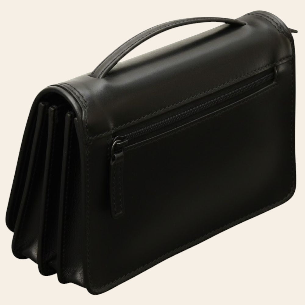 Tracollina in pelle nera Old Angler con zip e tracolla