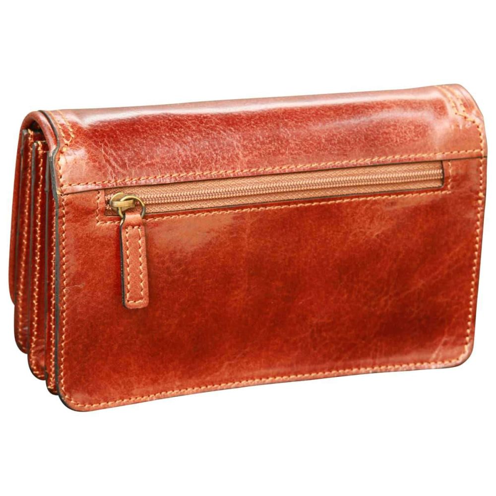 Pochette in pelle marrone con cerniera superiore e tasca anteriore