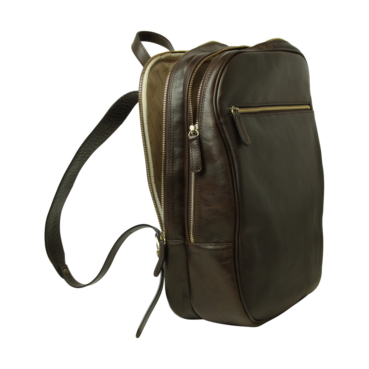 Zaino in pelle con tasca con zip frontale. Marrone Scuro