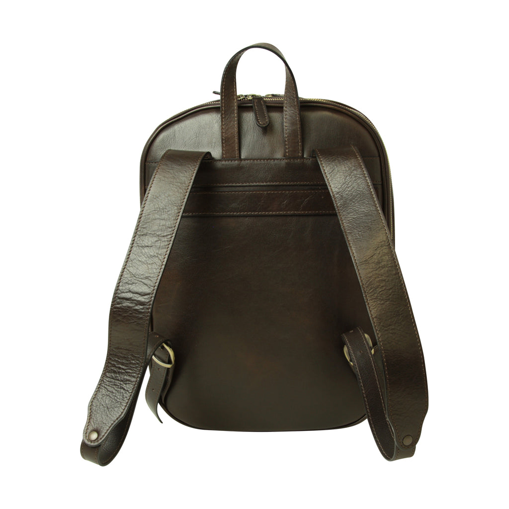 Zaino in pelle con tasca con zip frontale. Marrone Scuro