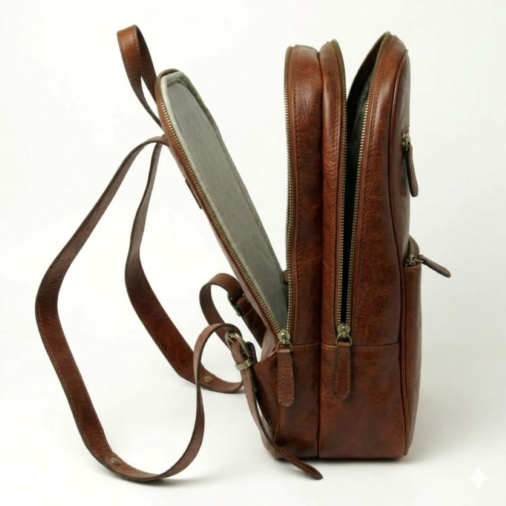 Zaino in pelle con tasca con zip frontale - Mogano