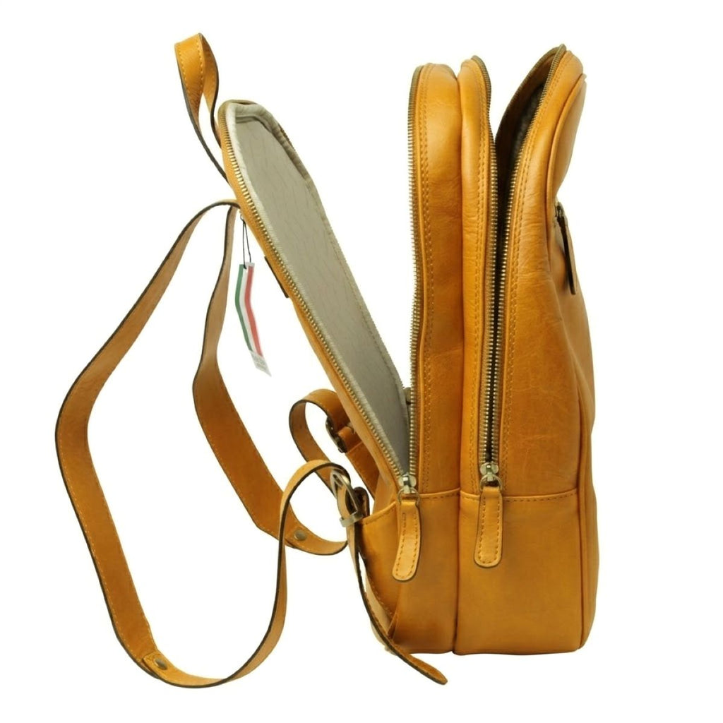 Zaino in pelle con tasca con zip frontale - Giallo Ocra