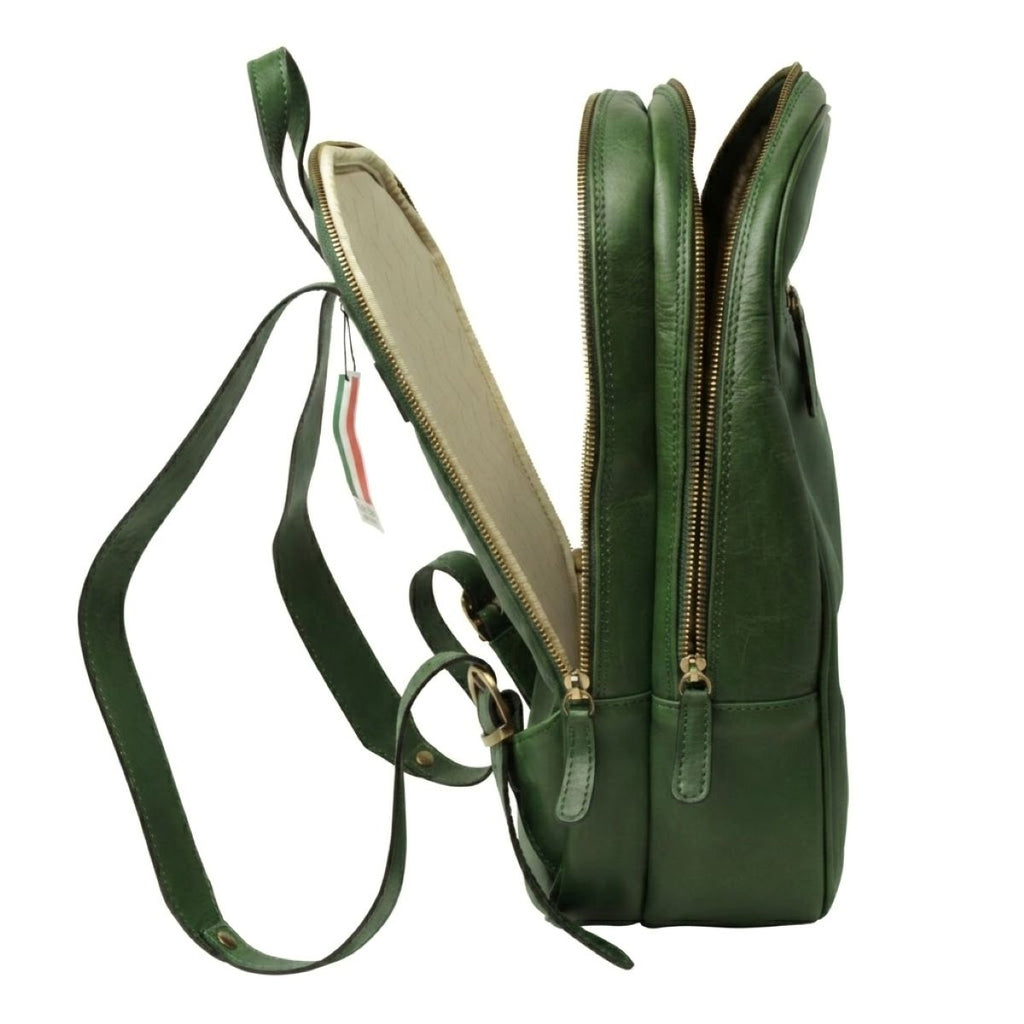 Zaino in pelle con tasca con zip frontale - Verde