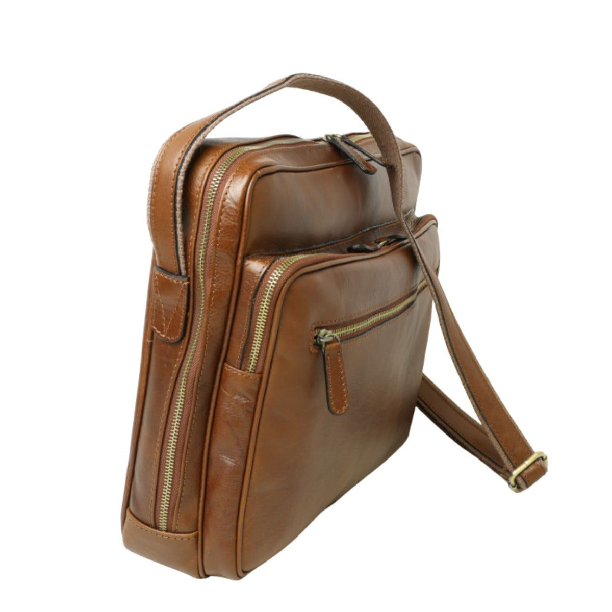 Messenger in pelle con chiusura a zip (Grande)-Castagna