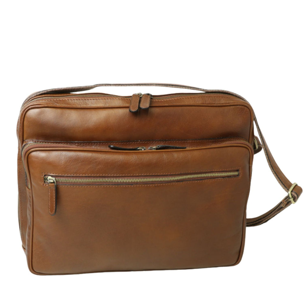 Messenger in pelle con chiusura a zip (Grande)-Castagna