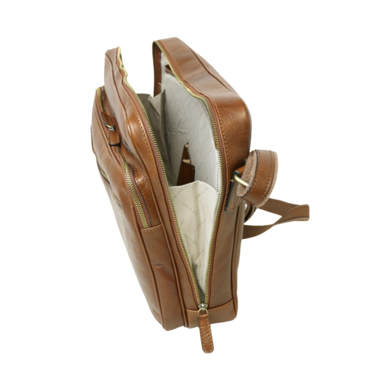 Messenger in pelle con chiusura a zip (Grande)-Castagna