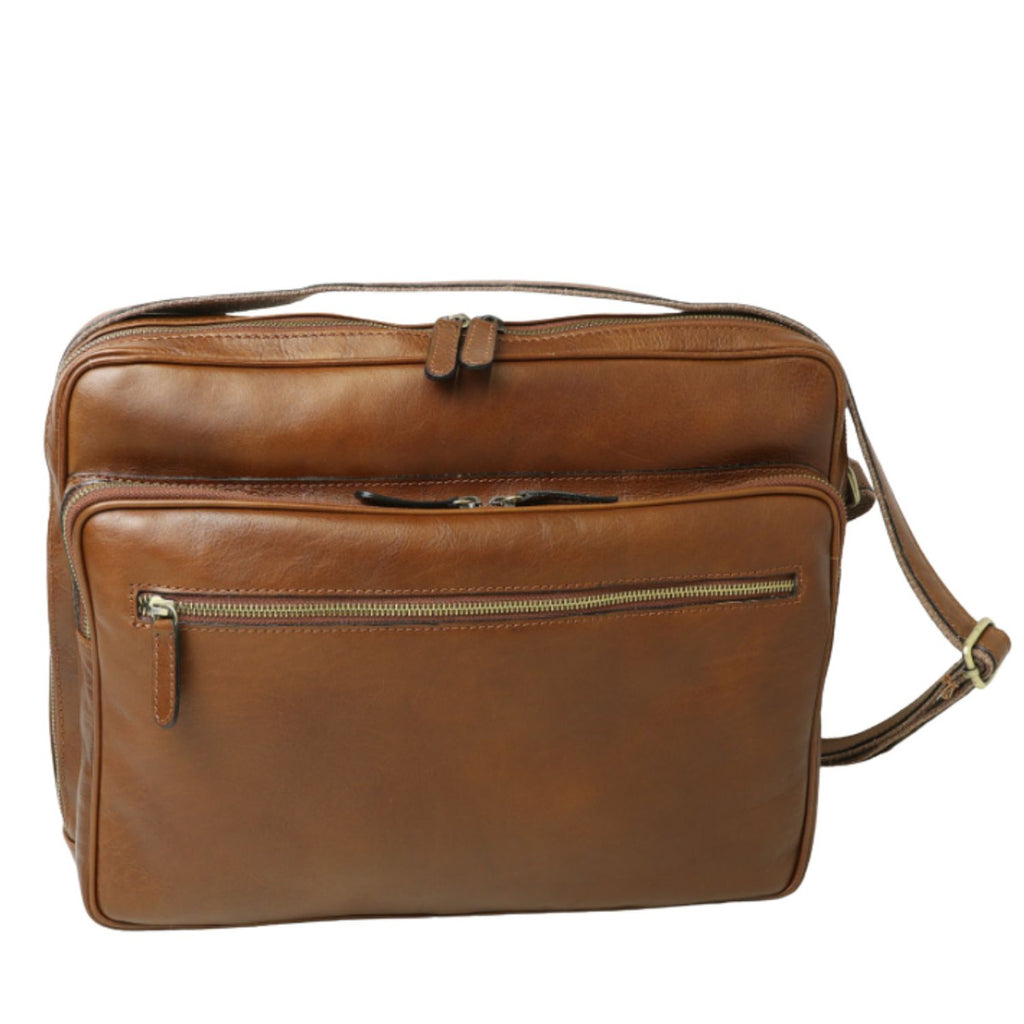 Messenger in pelle con chiusura a zip (Grande)-Castagna