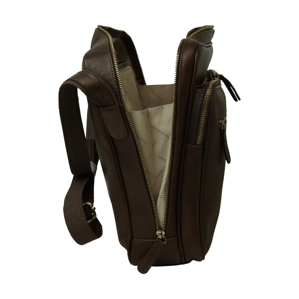 Messenger in pelle con chiusura a zip (Grande). Marrone Scuro