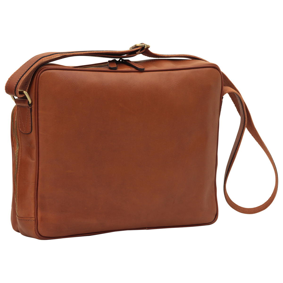 Messenger in pelle con chiusura a zip (Grande). Marrone Coloniale