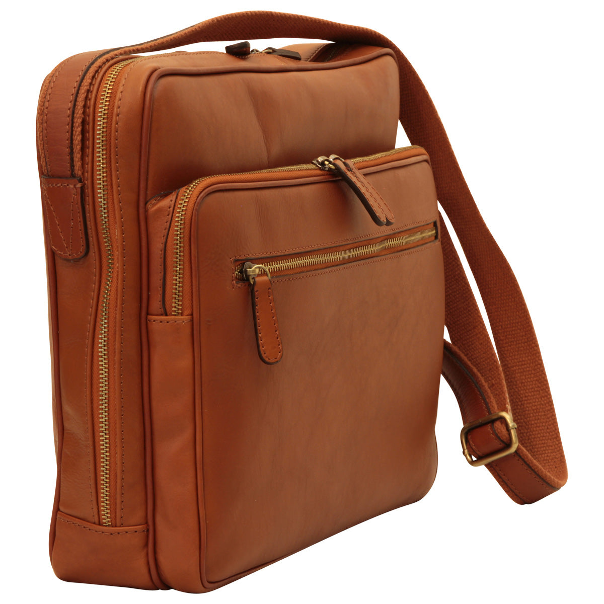 Messenger in pelle con chiusura a zip (Grande). Marrone Coloniale