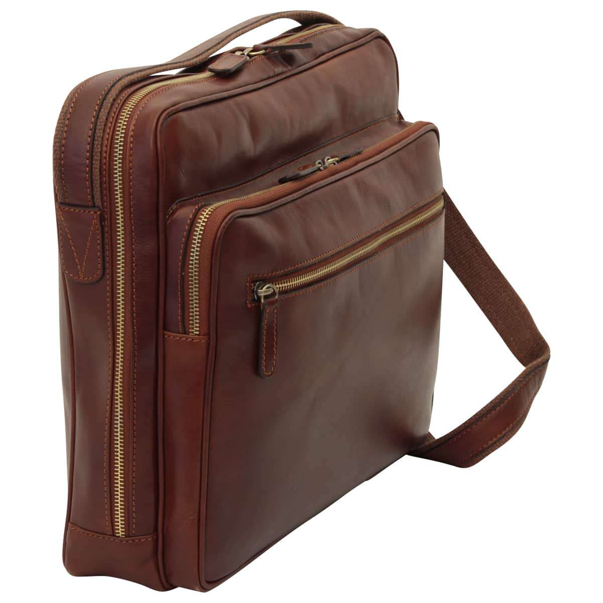Messenger in pelle con chiusura a zip (Grande). Marrone