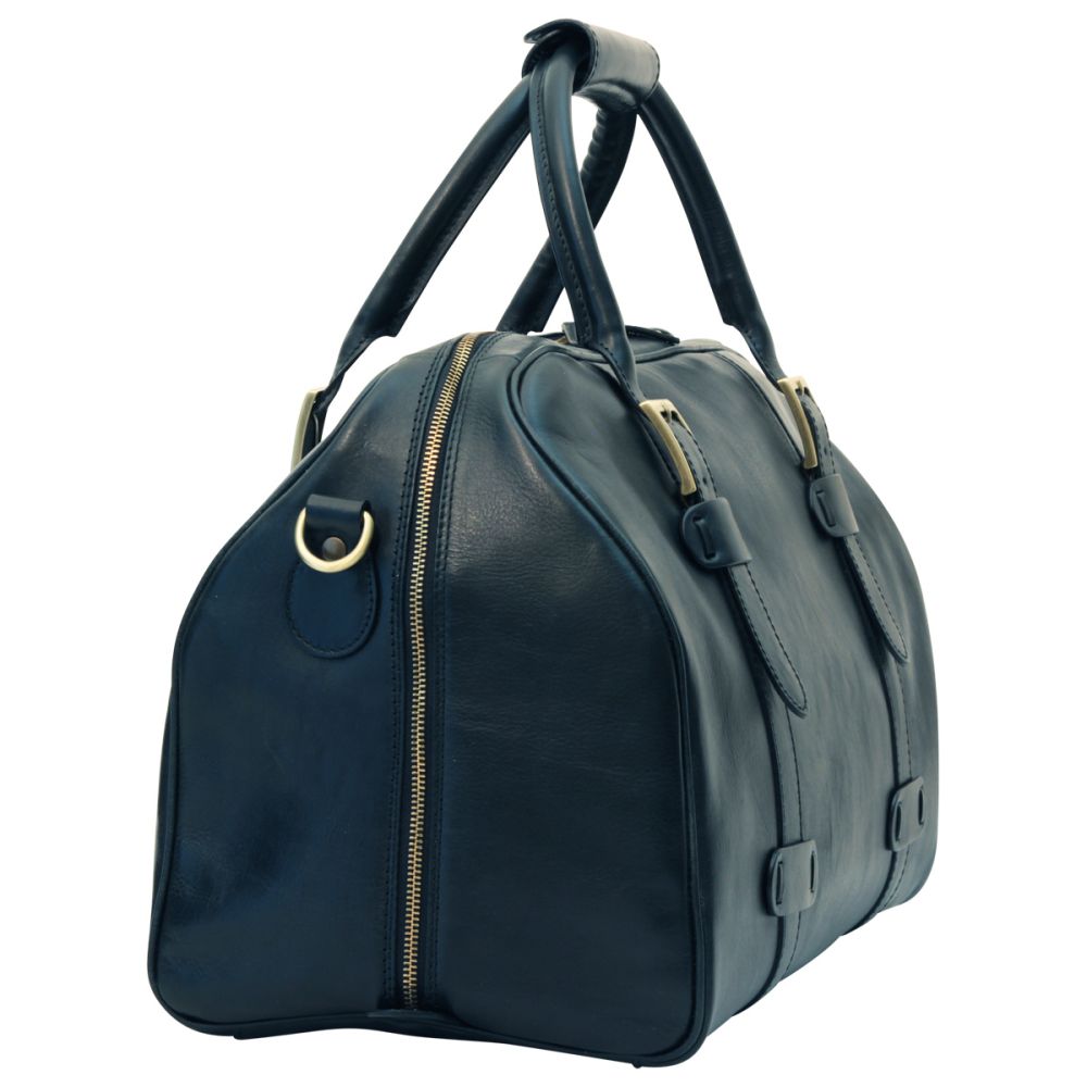 Borsone da viaggio in pelle blu scuro con zip laterale e manici regolabili