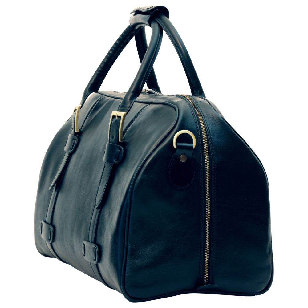 Borsone in pelle blu scuro con manici, cinturini e fibbie metalliche