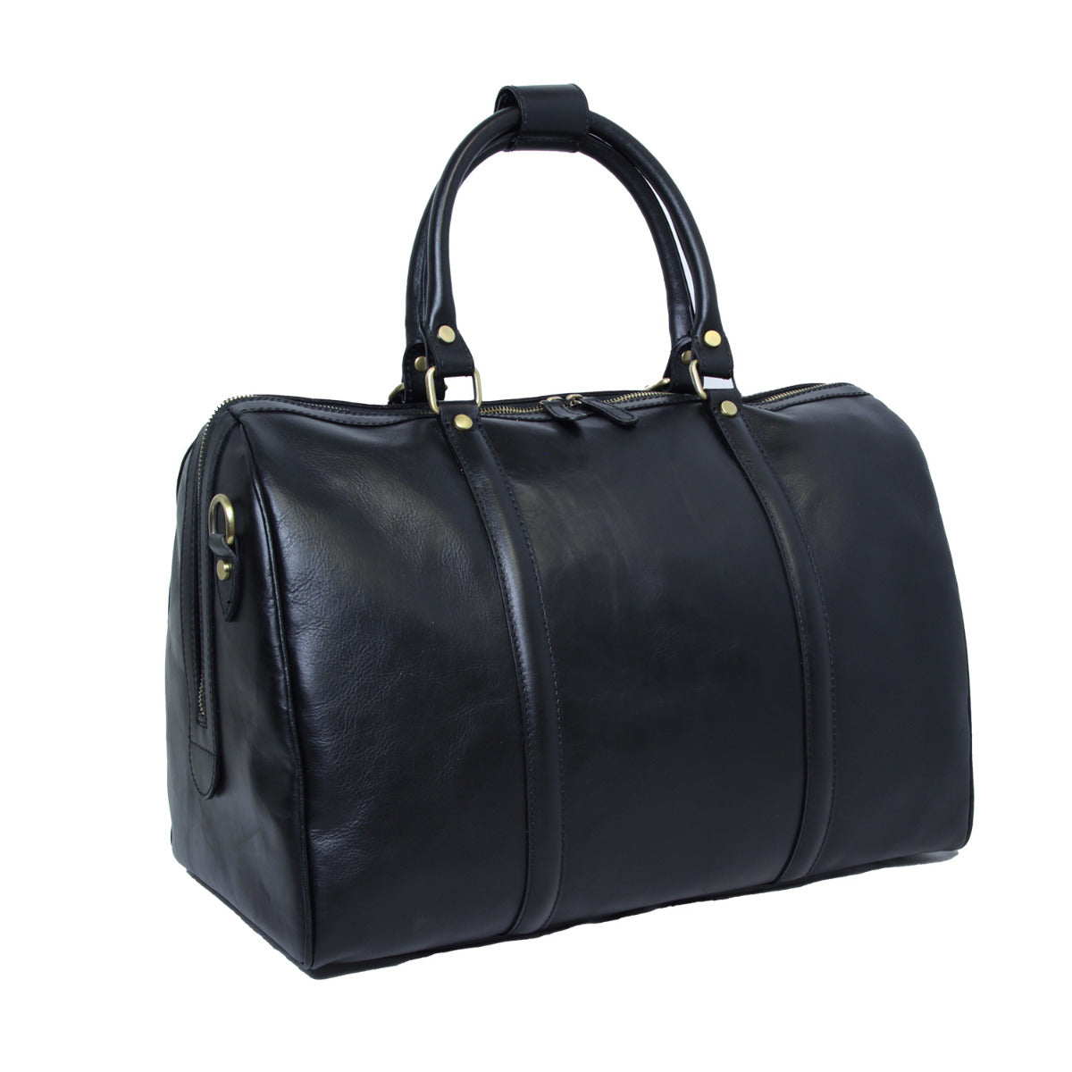 Borsa da viaggio in pelle scura con doppi manici e fibbie metalliche