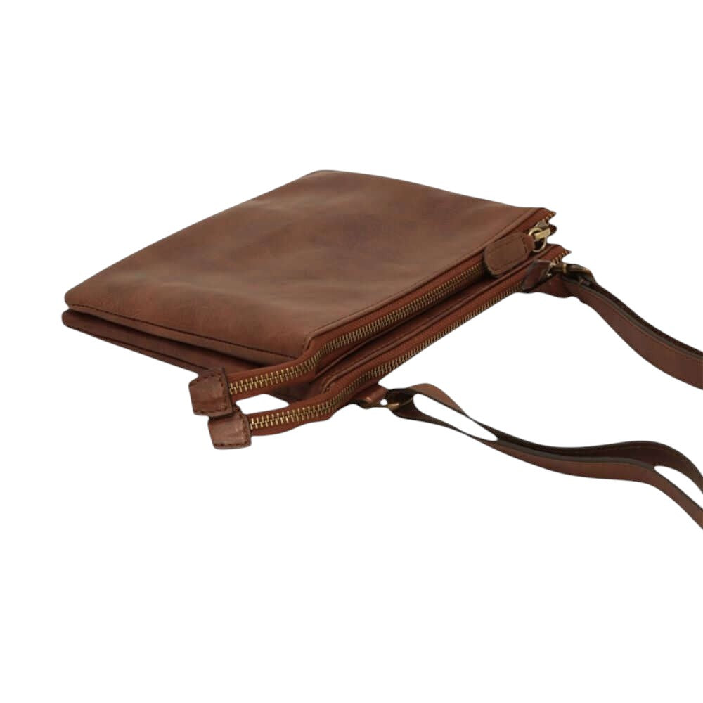 Borsa a tracolla marrone in vitello pieno fiore con tasca frontale e zip e tracolla