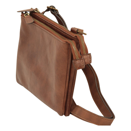 Borsa a tracolla in vitello pieno fiore marrone con zip e tracolla regolabile