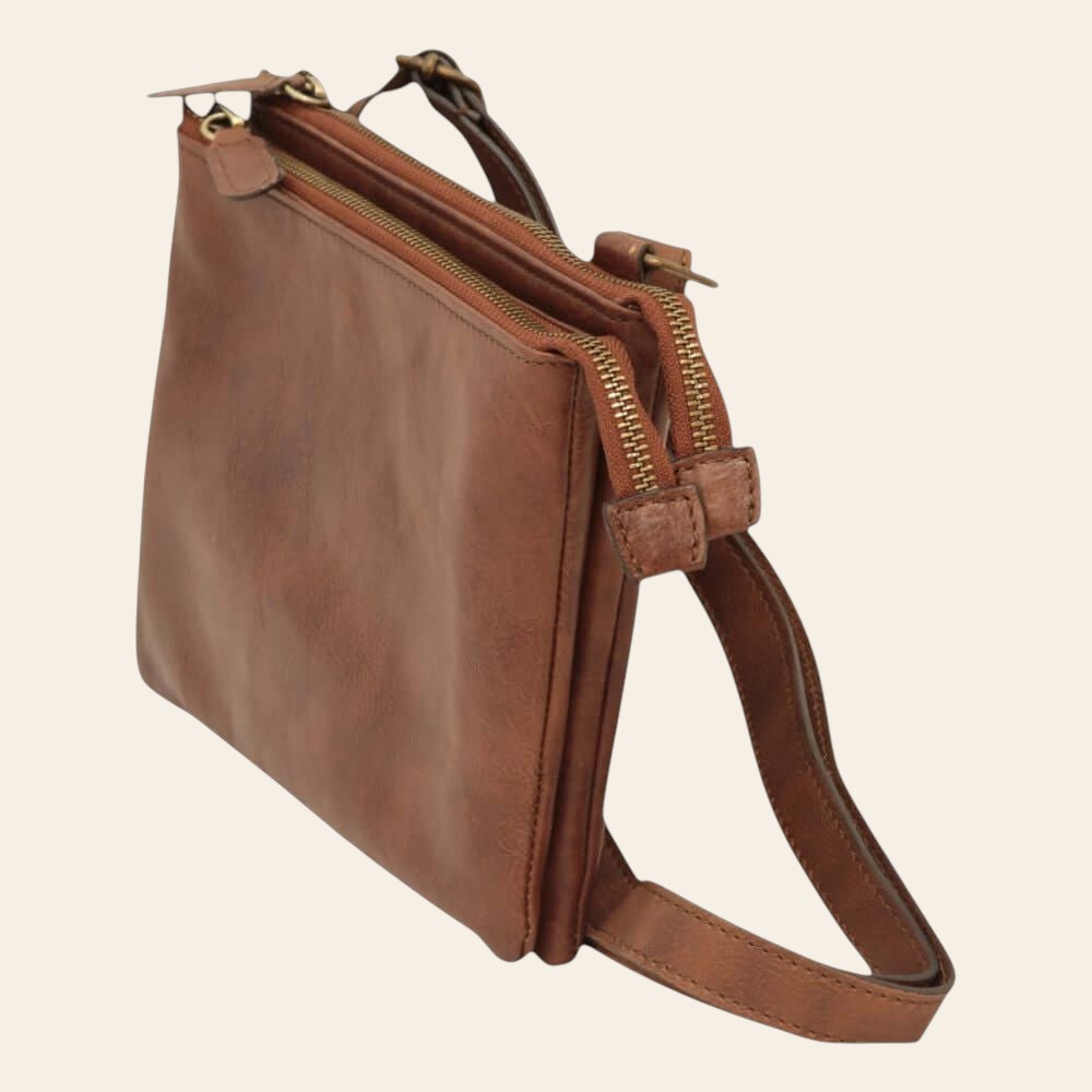 Borsa a tracolla in pelle marrone, chiusura con zip e tracolla regolabile