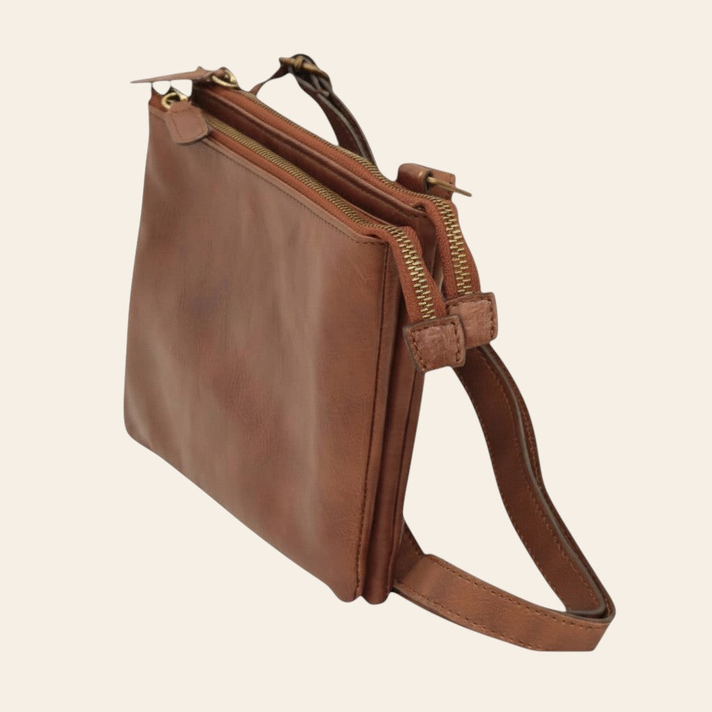 Borsa a tracolla in pelle marrone, zip lunga e tracolla con cuciture a vista