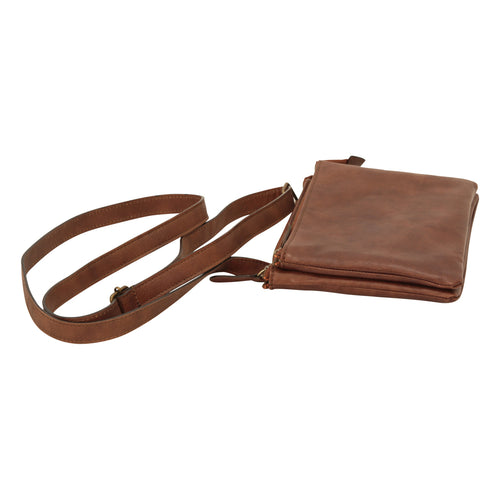 Borsa a tracolla marrone in vitello pieno fiore con tracolla lunga e zip superiore