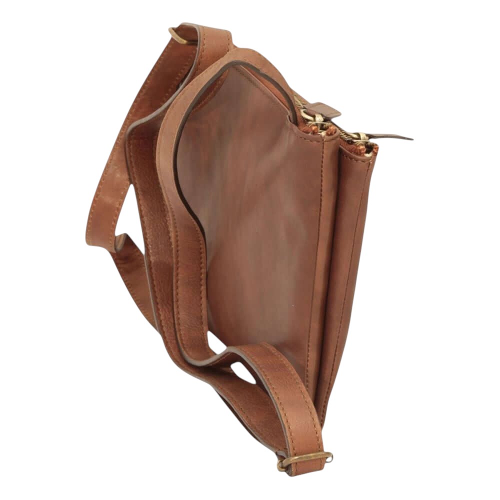 Borsa a tracolla marrone in vitello pieno fiore con profilo sagomato, fibbia e zip