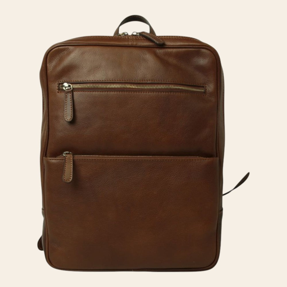 Zaino in pelle marrone Old Angler frontale con doppia tasca con cerniera e manico