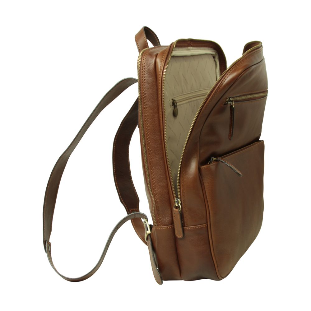 Zaino in pelle marrone Old Angler con fascia trolley e cerniere, tracolla regolabile