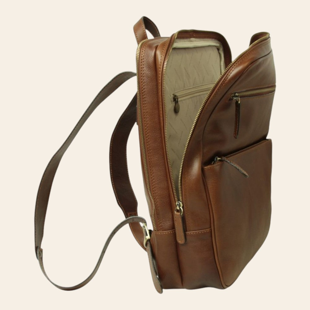 Zaino in pelle marrone Old Angler con fascia trolley e cerniere, tracolla regolabile