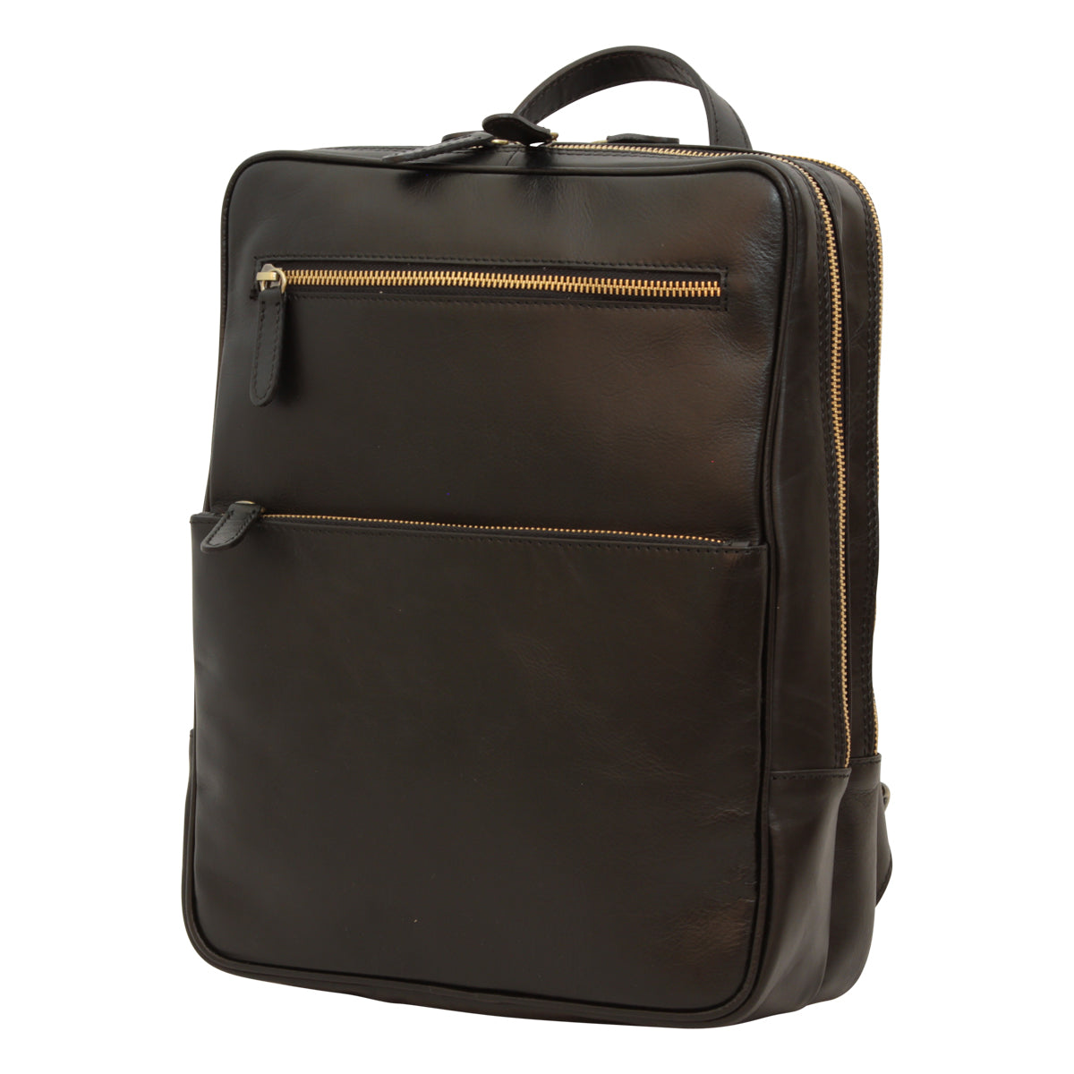 Zaino in pelle nero con fascia per trolley e tasca frontale con zip