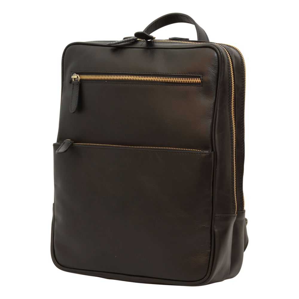 Zaino in pelle nero compatto con zip superiore e tasca frontale verticale