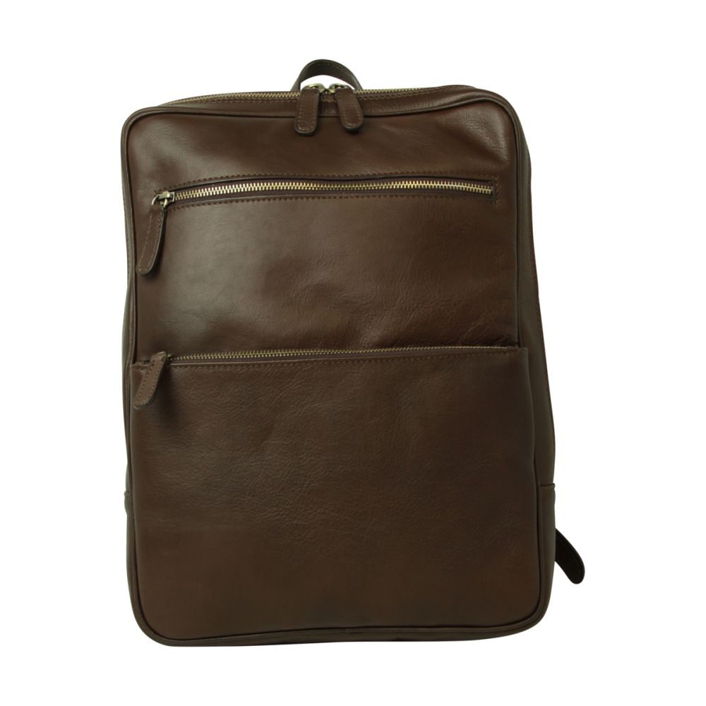 Zaino in pelle marrone scuro con doppia tasca a zip e tracolla laterale.