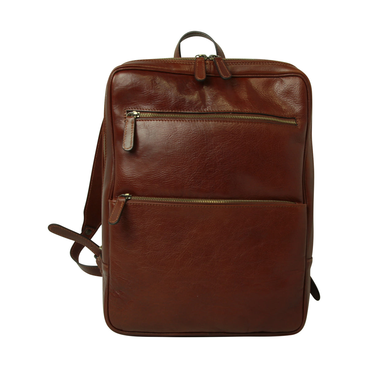 Zaino in pelle marrone con chiusura superiore e doppie tasche con zip
