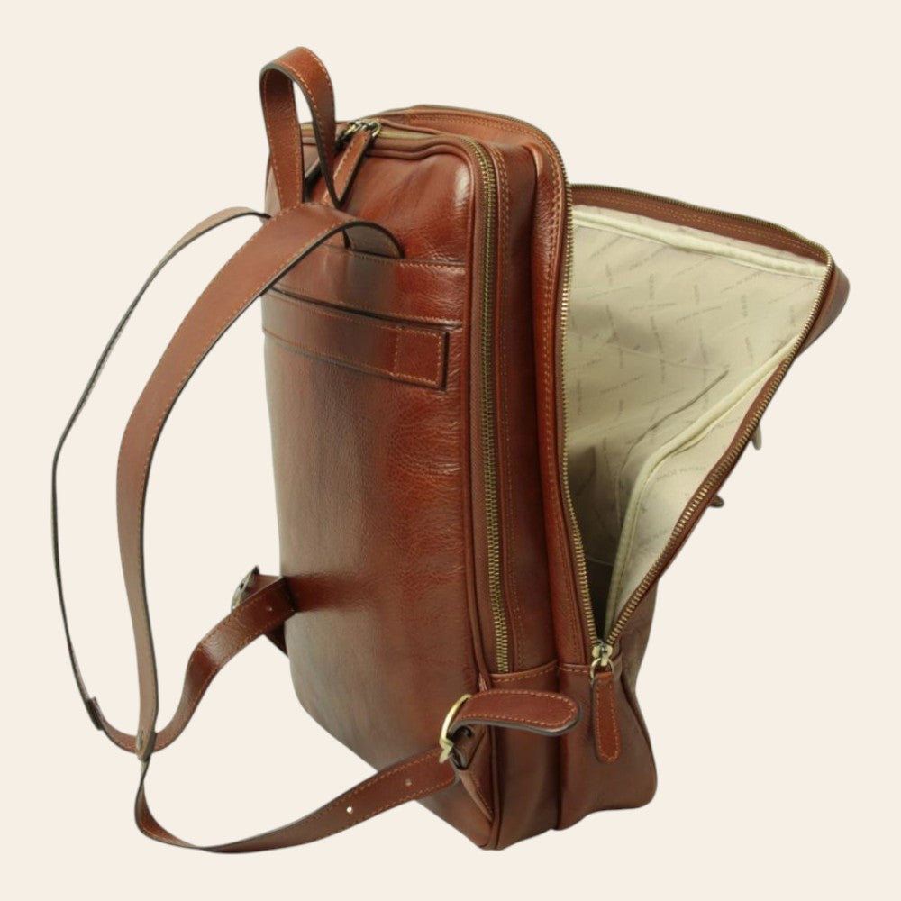Zaino in pelle marrone con fascia per trolley e tracolla