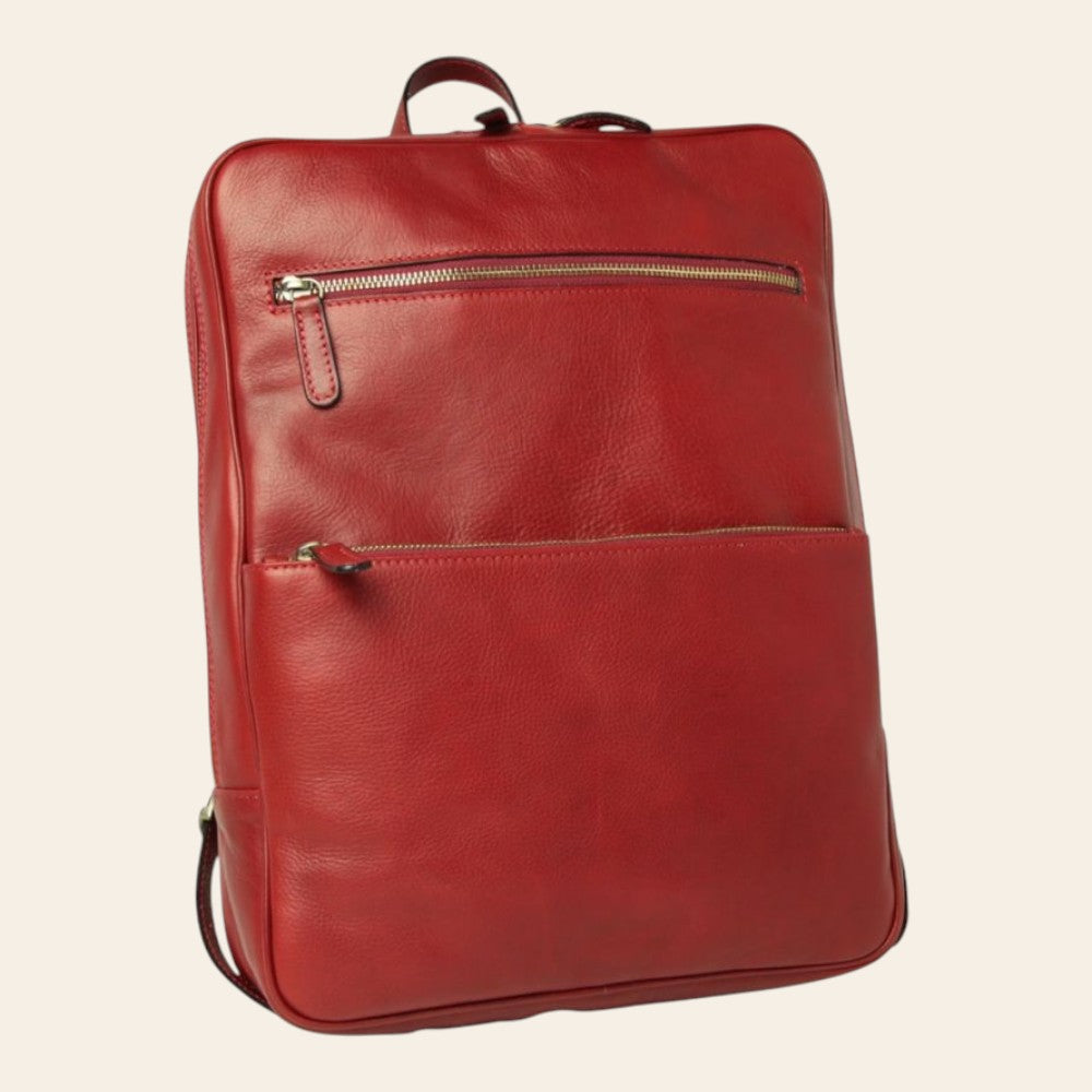 Zaino in pelle rosso con manico superiore e tasca frontale con cerniera